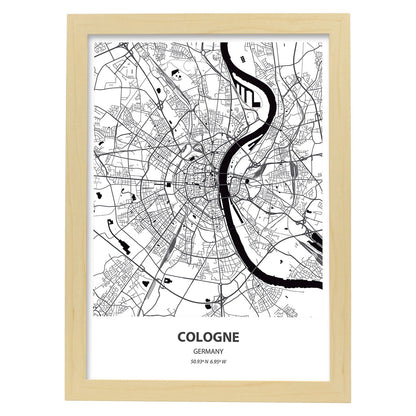 Poster con mapa de Cologne - Alemania. Láminas de ciudades de Alemania con mares y ríos en color negro.-Artwork-Nacnic-A4-Marco Madera clara-Nacnic Estudio SL