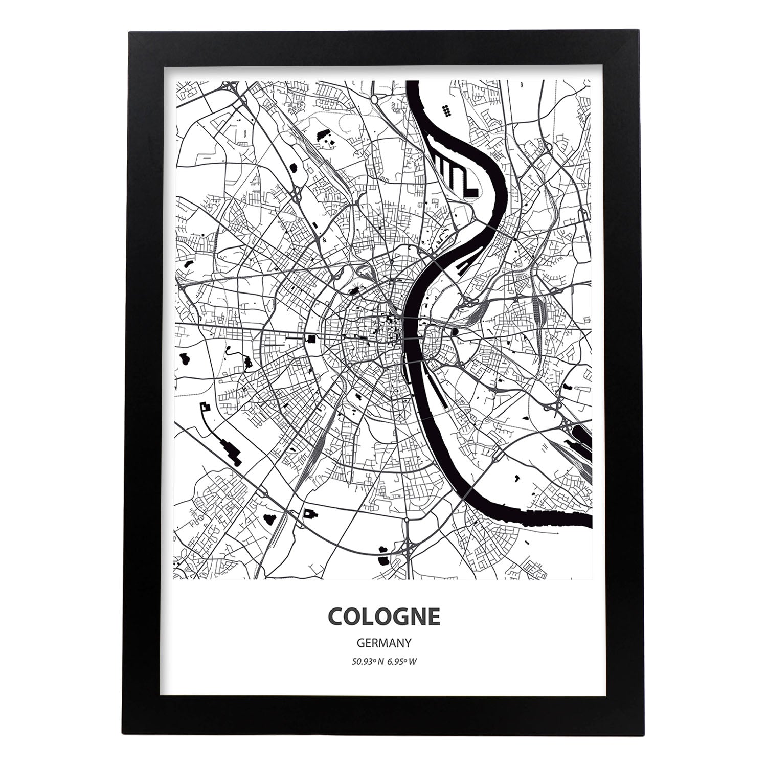 Poster con mapa de Cologne - Alemania. Láminas de ciudades de Alemania con mares y ríos en color negro.-Artwork-Nacnic-A4-Marco Negro-Nacnic Estudio SL