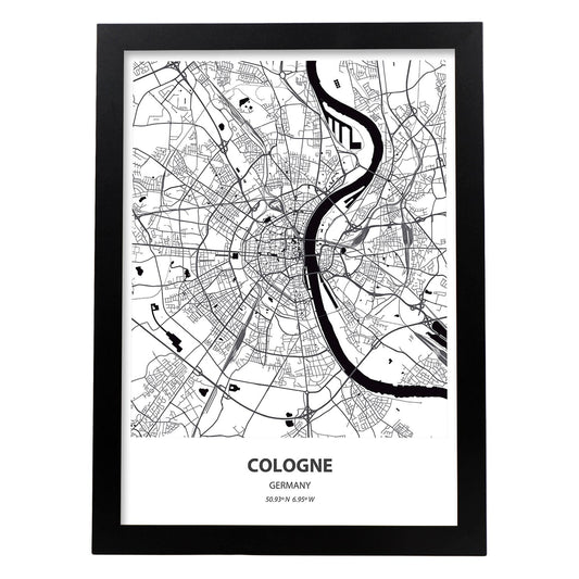 Poster con mapa de Cologne - Alemania. Láminas de ciudades de Alemania con mares y ríos en color negro.-Artwork-Nacnic-A4-Marco Negro-Nacnic Estudio SL