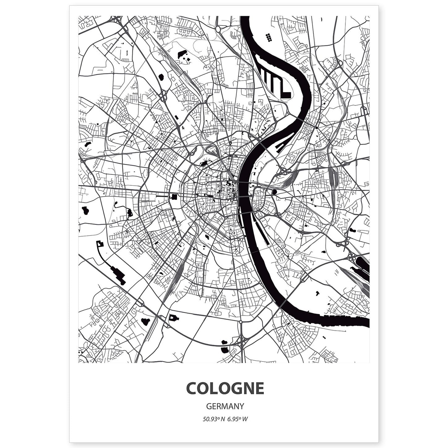 Poster con mapa de Cologne - Alemania. Láminas de ciudades de Alemania con mares y ríos en color negro.-Artwork-Nacnic-A4-Sin marco-Nacnic Estudio SL