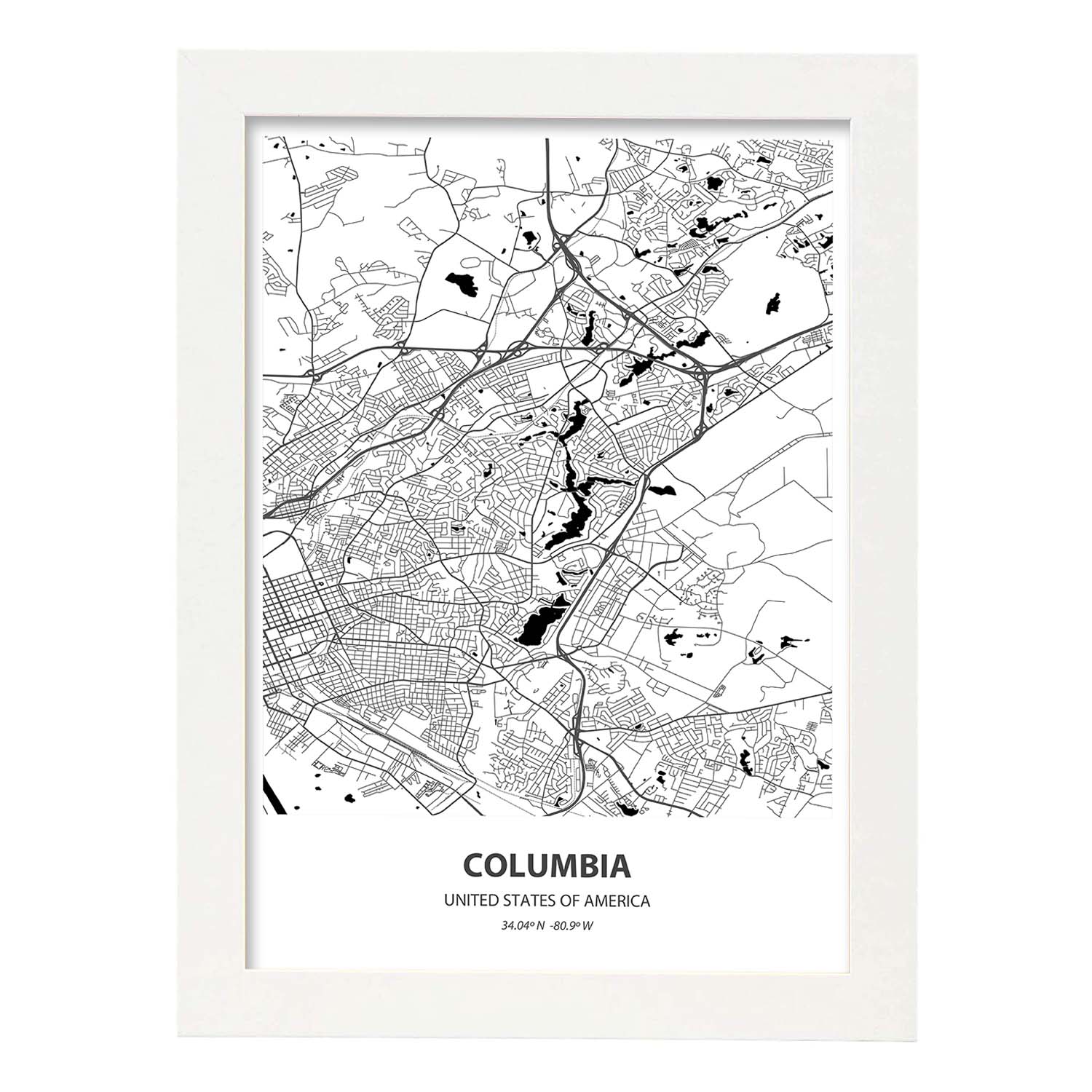 Poster con mapa de Columbia - USA. Láminas de ciudades de Estados Unidos con mares y ríos en color negro.-Artwork-Nacnic-A3-Marco Blanco-Nacnic Estudio SL