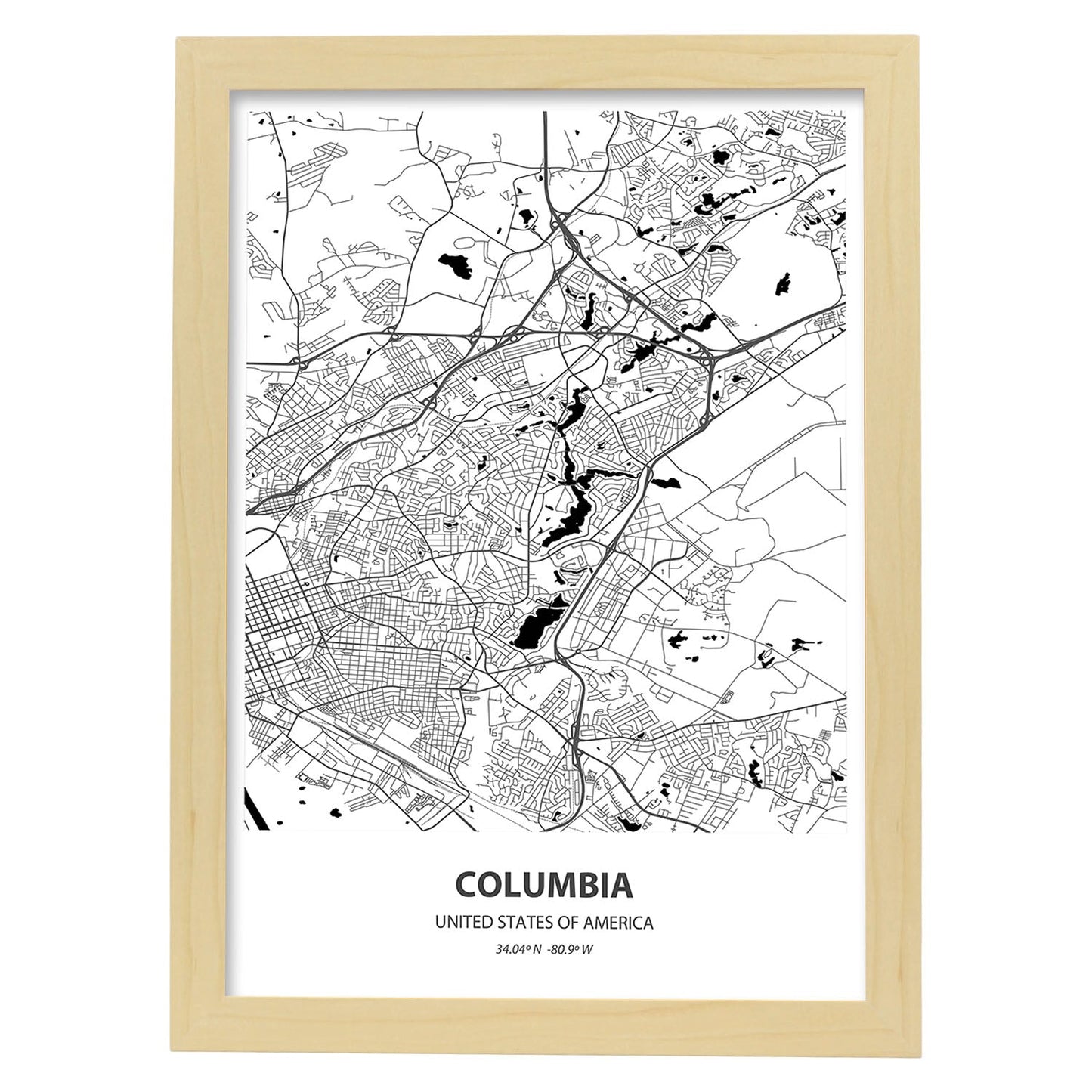 Poster con mapa de Columbia - USA. Láminas de ciudades de Estados Unidos con mares y ríos en color negro.-Artwork-Nacnic-A3-Marco Madera clara-Nacnic Estudio SL