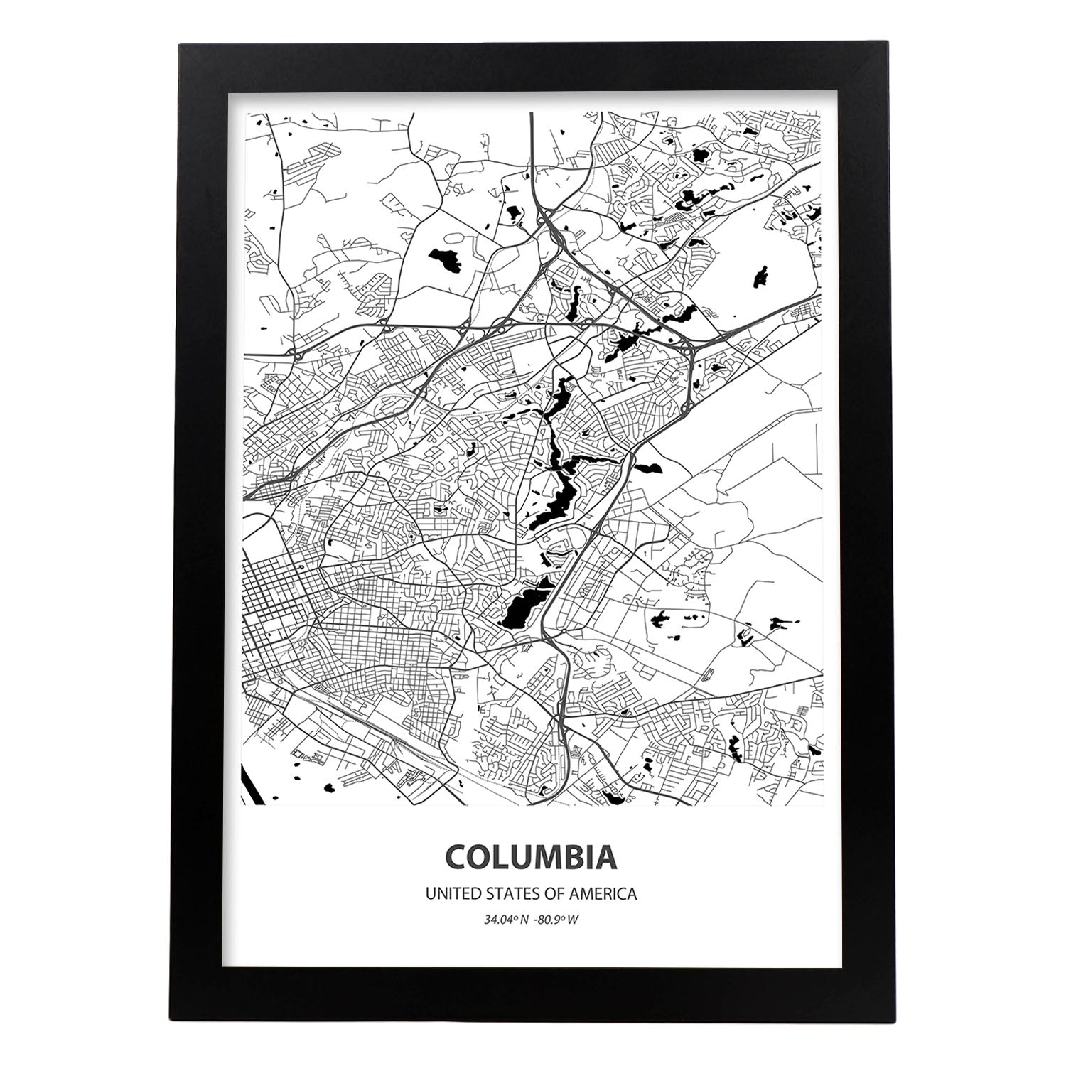 Poster con mapa de Columbia - USA. Láminas de ciudades de Estados Unidos con mares y ríos en color negro.-Artwork-Nacnic-A3-Marco Negro-Nacnic Estudio SL
