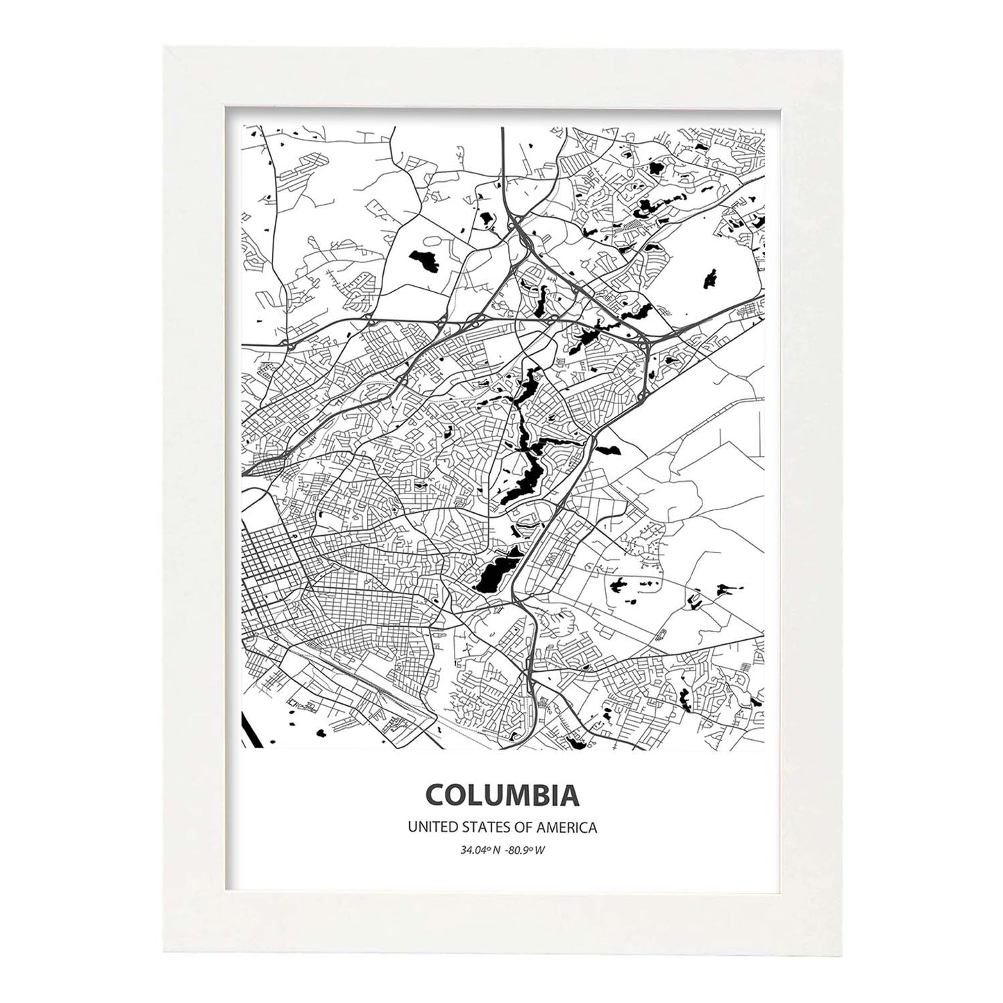 Poster con mapa de Columbia - USA. Láminas de ciudades de Estados Unidos con mares y ríos en color negro.-Artwork-Nacnic-A4-Marco Blanco-Nacnic Estudio SL