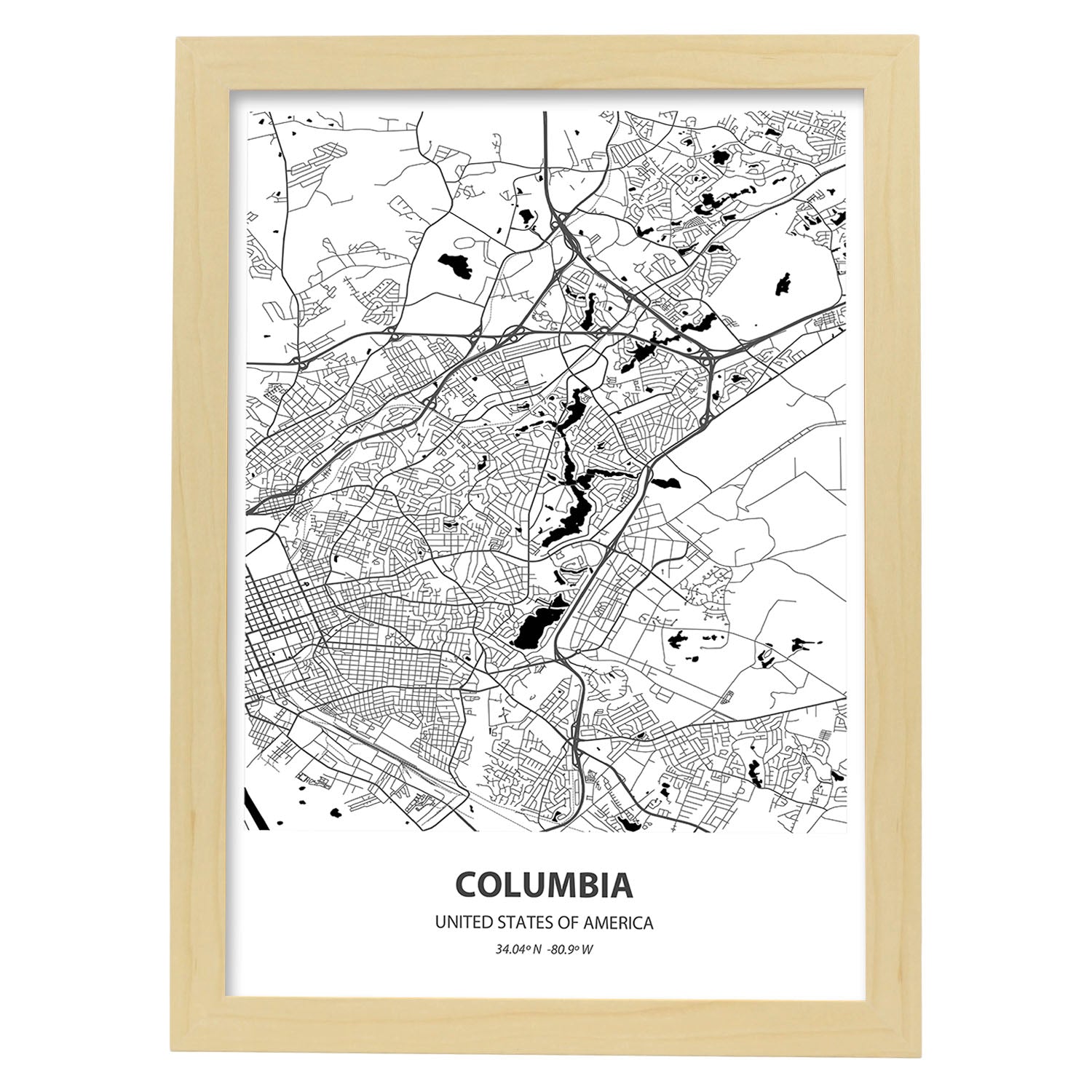 Poster con mapa de Columbia - USA. Láminas de ciudades de Estados Unidos con mares y ríos en color negro.-Artwork-Nacnic-A4-Marco Madera clara-Nacnic Estudio SL