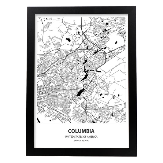 Poster con mapa de Columbia - USA. Láminas de ciudades de Estados Unidos con mares y ríos en color negro.-Artwork-Nacnic-A4-Marco Negro-Nacnic Estudio SL
