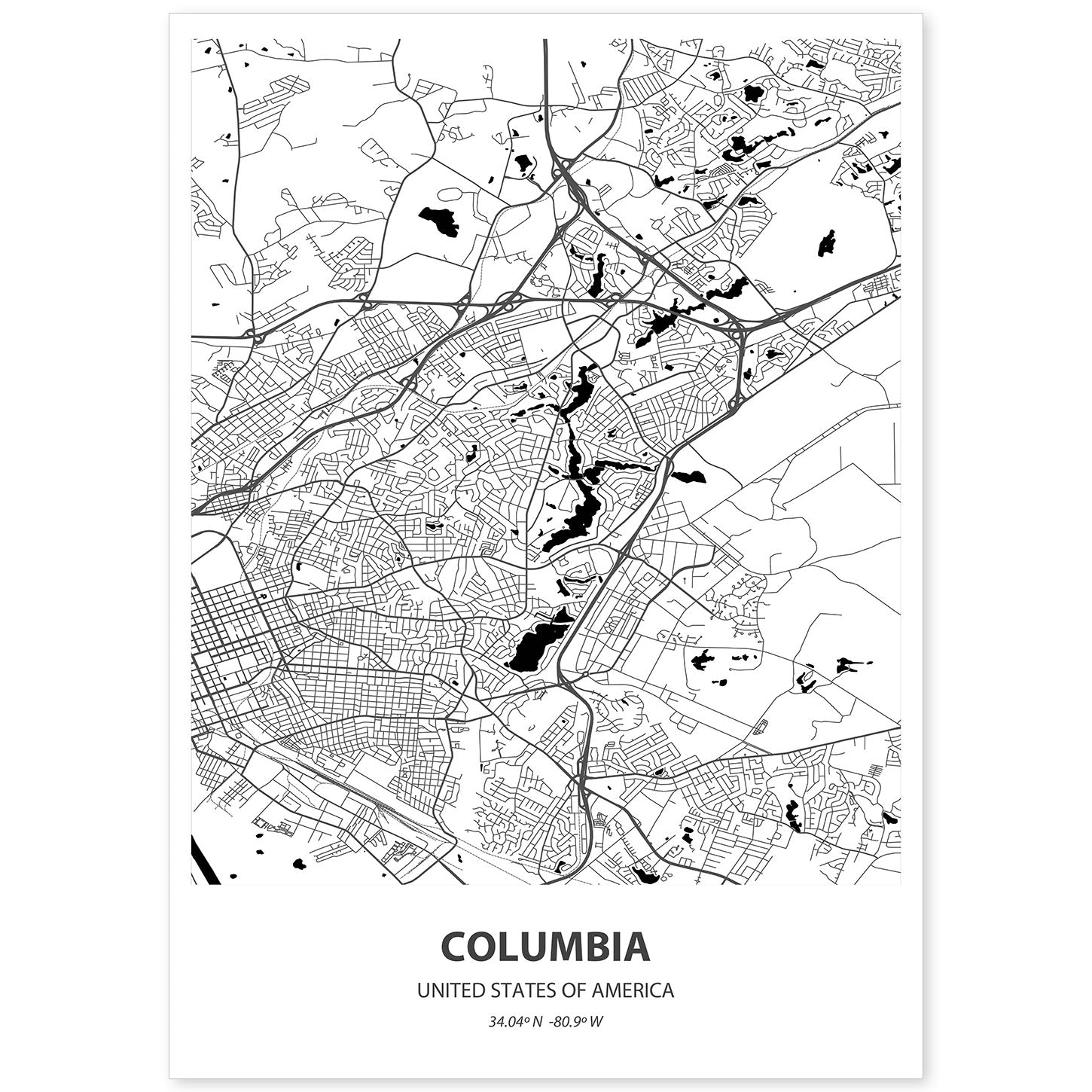 Poster con mapa de Columbia - USA. Láminas de ciudades de Estados Unidos con mares y ríos en color negro.-Artwork-Nacnic-A4-Sin marco-Nacnic Estudio SL