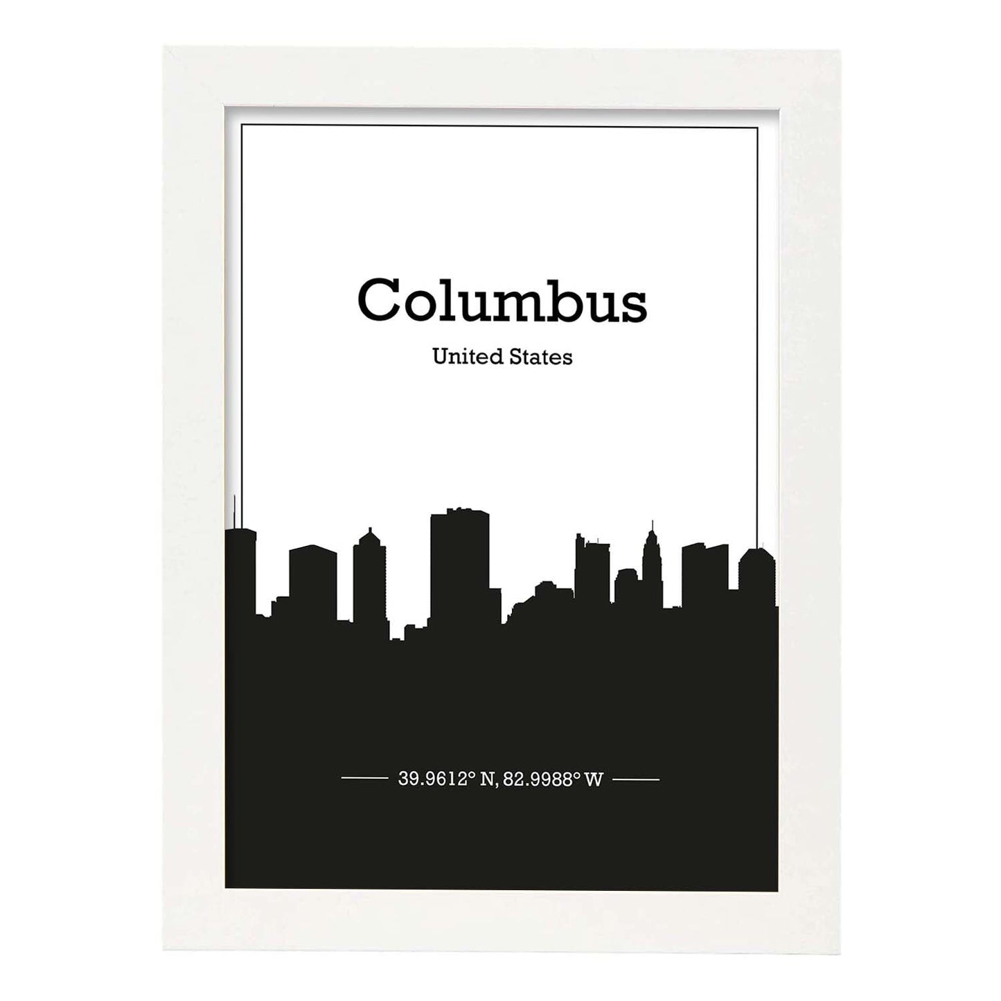 Poster con mapa de Columbus - USA. Láminas con Skyline de ciudades de Estados Unidos, Canada, Mexico con sombra negra.-Artwork-Nacnic-A3-Marco Blanco-Nacnic Estudio SL