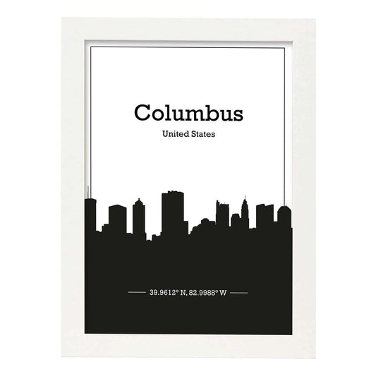 Poster con mapa de Columbus - USA. Láminas con Skyline de ciudades de Estados Unidos, Canada, Mexico con sombra negra.-Artwork-Nacnic-A4-Marco Blanco-Nacnic Estudio SL