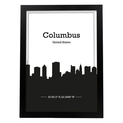 Poster con mapa de Columbus - USA. Láminas con Skyline de ciudades de Estados Unidos, Canada, Mexico con sombra negra.-Artwork-Nacnic-A4-Marco Negro-Nacnic Estudio SL