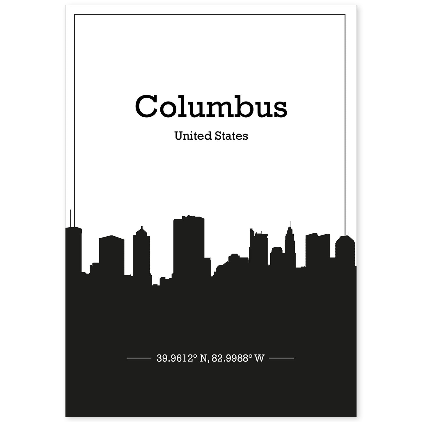 Poster con mapa de Columbus - USA. Láminas con Skyline de ciudades de Estados Unidos, Canada, Mexico con sombra negra.-Artwork-Nacnic-A4-Sin marco-Nacnic Estudio SL