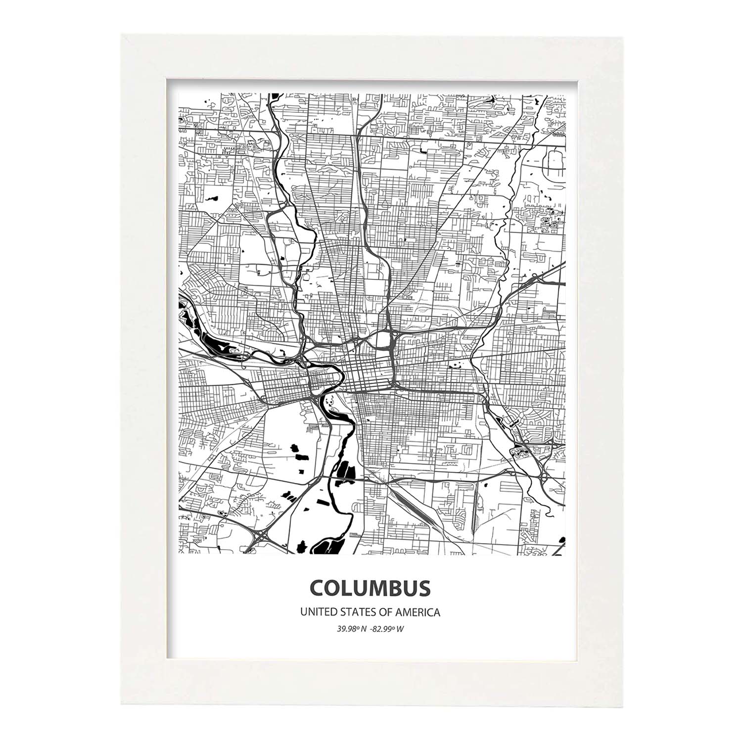Poster con mapa de Columbus - USA. Láminas de ciudades de Estados Unidos con mares y ríos en color negro.-Artwork-Nacnic-A3-Marco Blanco-Nacnic Estudio SL