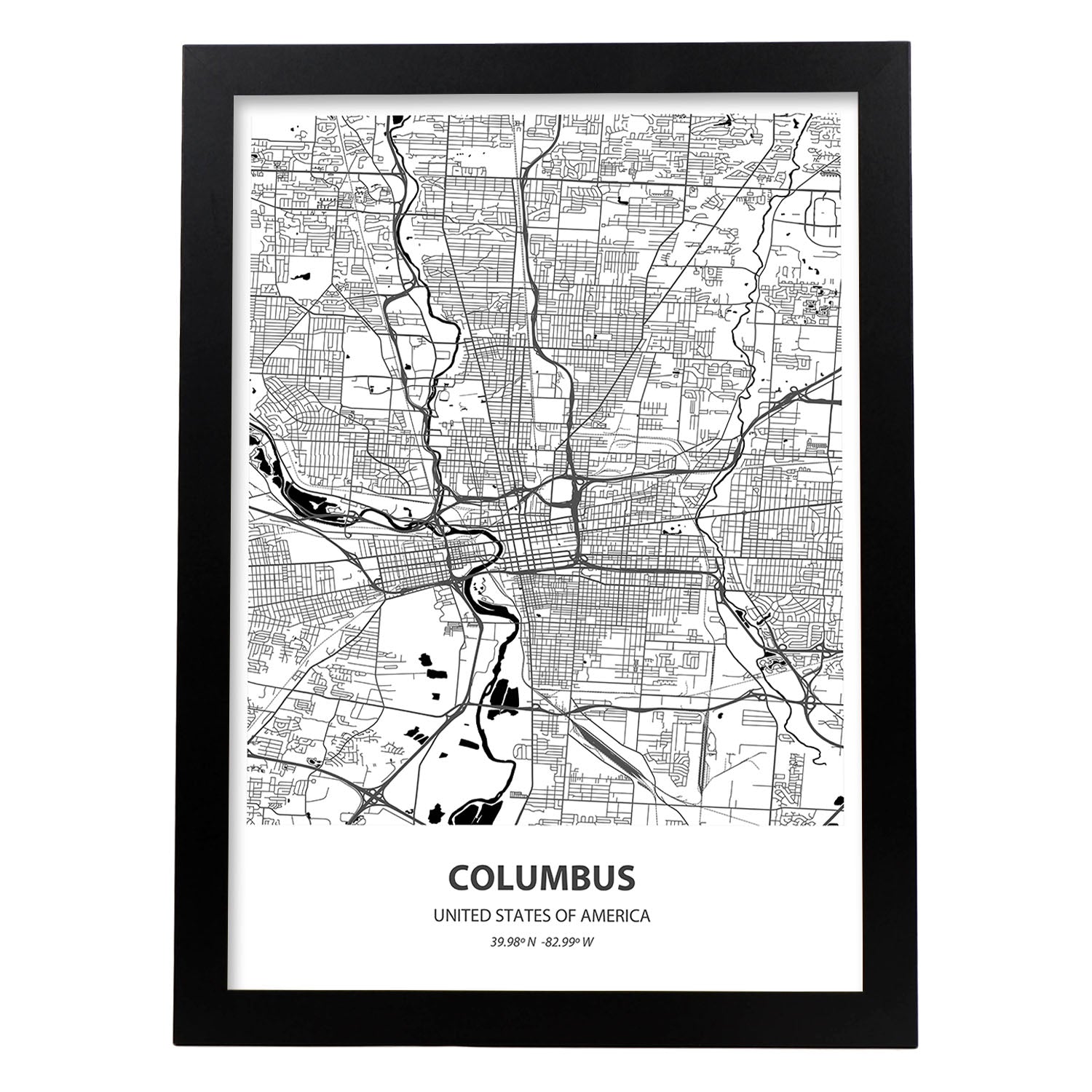 Poster con mapa de Columbus - USA. Láminas de ciudades de Estados Unidos con mares y ríos en color negro.-Artwork-Nacnic-A3-Marco Negro-Nacnic Estudio SL