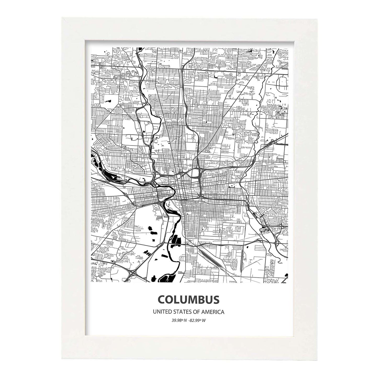 Poster con mapa de Columbus - USA. Láminas de ciudades de Estados Unidos con mares y ríos en color negro.-Artwork-Nacnic-A4-Marco Blanco-Nacnic Estudio SL
