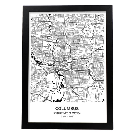 Poster con mapa de Columbus - USA. Láminas de ciudades de Estados Unidos con mares y ríos en color negro.-Artwork-Nacnic-A4-Marco Negro-Nacnic Estudio SL