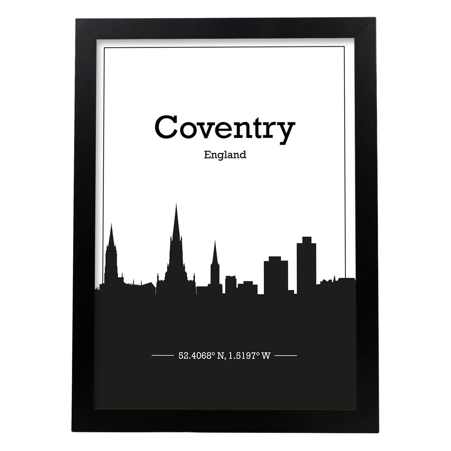 Poster con mapa de Conventry - Inglaterra. Láminas con Skyline de ciudades de Inglaterra e Irlanda con sombra negra.-Artwork-Nacnic-A3-Marco Negro-Nacnic Estudio SL