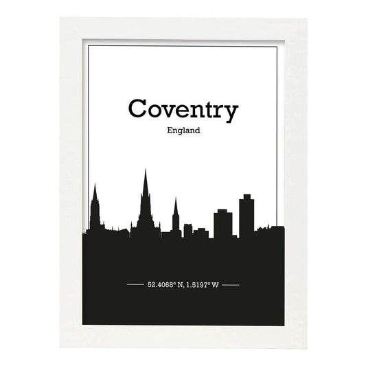 Poster con mapa de Conventry - Inglaterra. Láminas con Skyline de ciudades de Inglaterra e Irlanda con sombra negra.-Artwork-Nacnic-A4-Marco Blanco-Nacnic Estudio SL