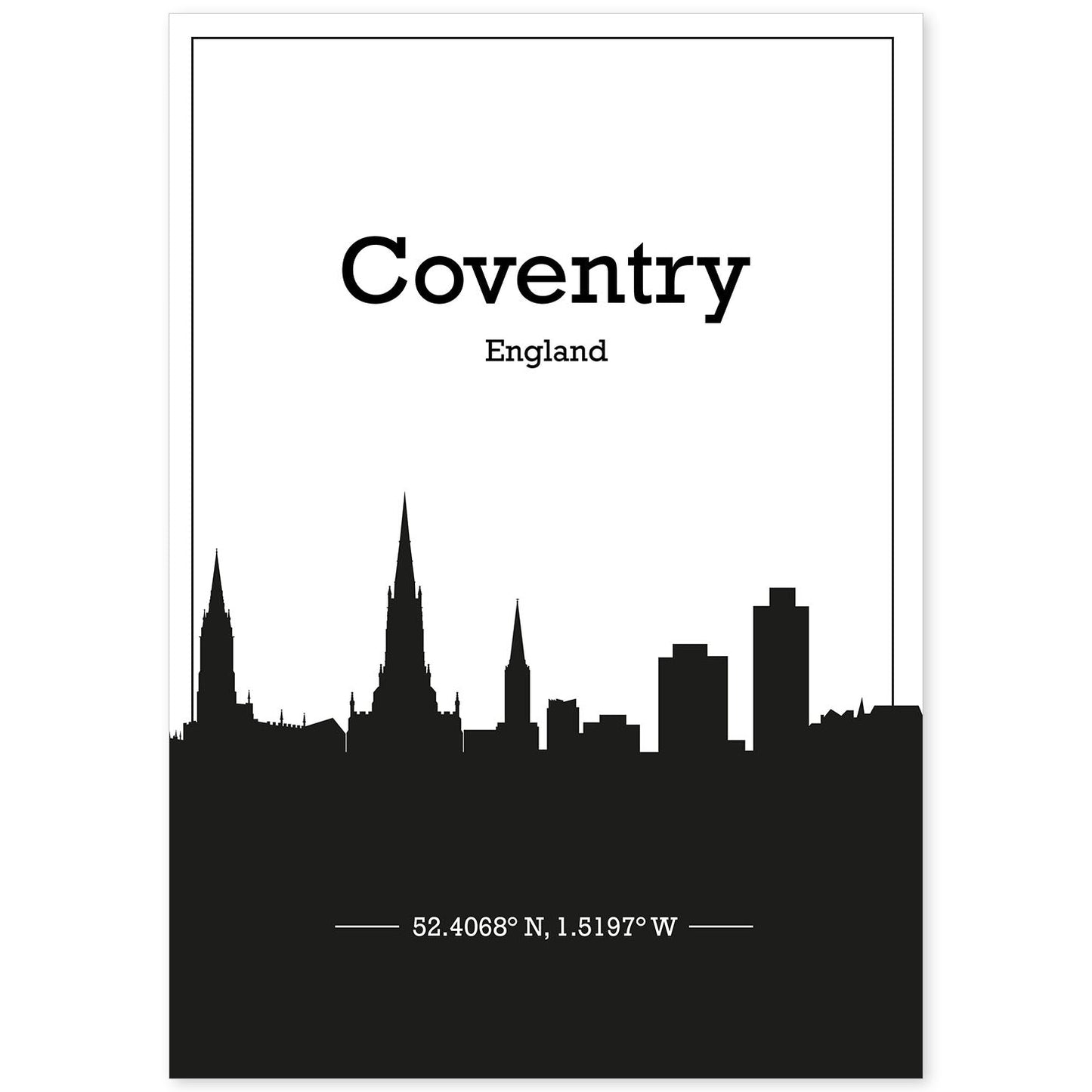 Poster con mapa de Conventry - Inglaterra. Láminas con Skyline de ciudades de Inglaterra e Irlanda con sombra negra.-Artwork-Nacnic-A4-Sin marco-Nacnic Estudio SL