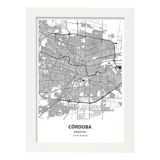 Poster con mapa de Cordoba - Argentina. Láminas de ciudades de Latinoamérica con mares y ríos en color negro.-Artwork-Nacnic-A4-Marco Blanco-Nacnic Estudio SL