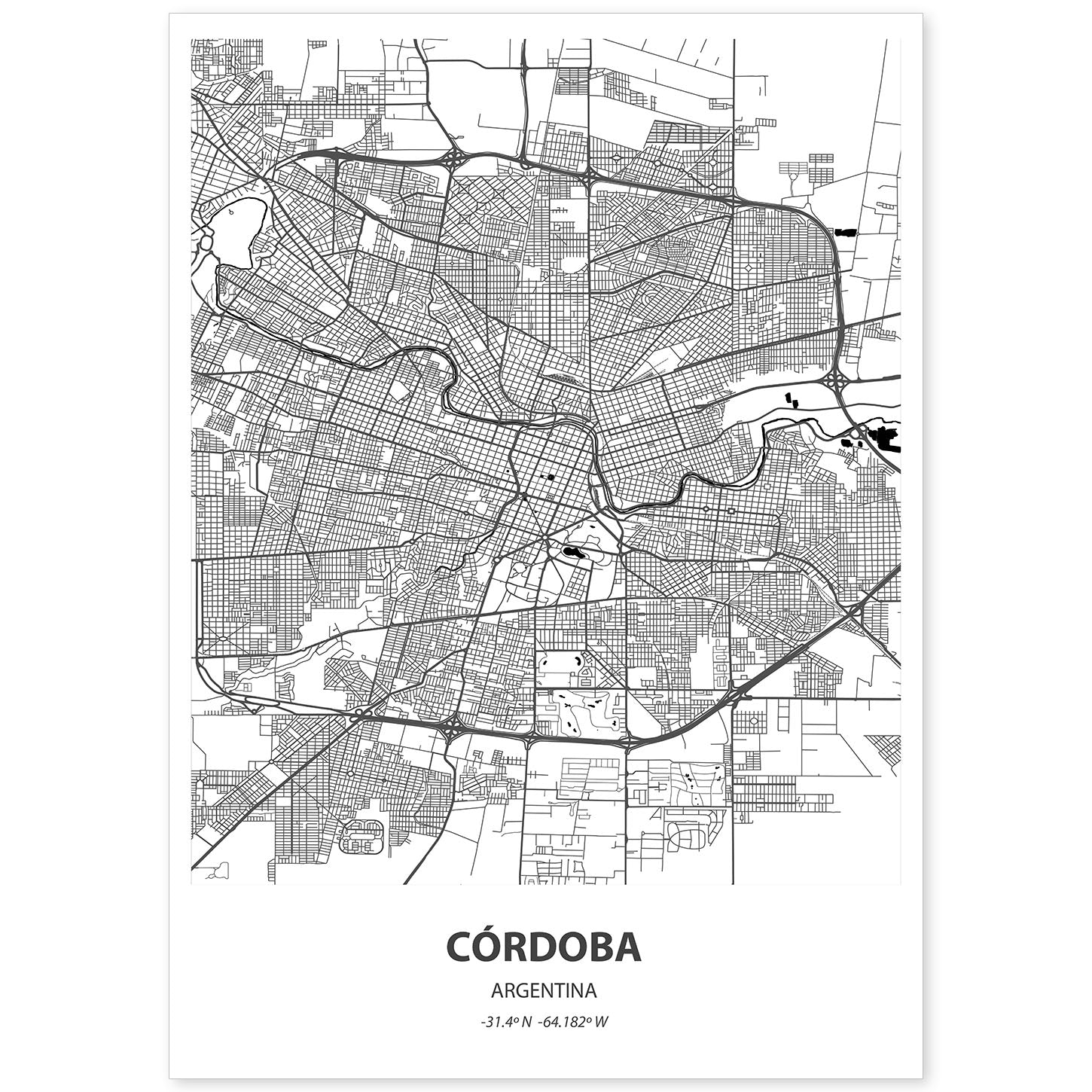Poster con mapa de Cordoba - Argentina. Láminas de ciudades de Latinoamérica con mares y ríos en color negro.-Artwork-Nacnic-A4-Sin marco-Nacnic Estudio SL