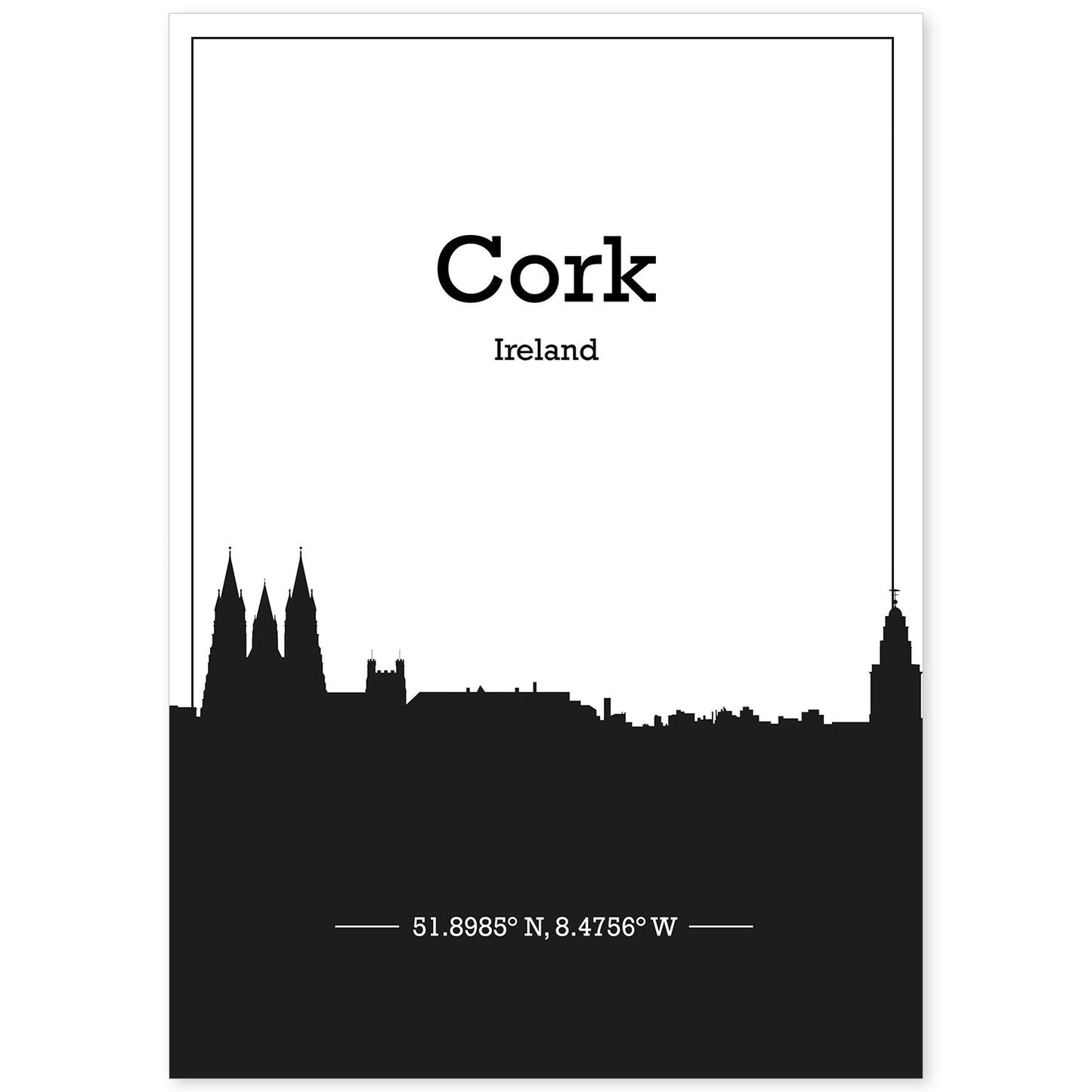 Poster con mapa de Cork - Irlanda. Láminas con Skyline de ciudades de Inglaterra e Irlanda con sombra negra.-Artwork-Nacnic-A4-Sin marco-Nacnic Estudio SL