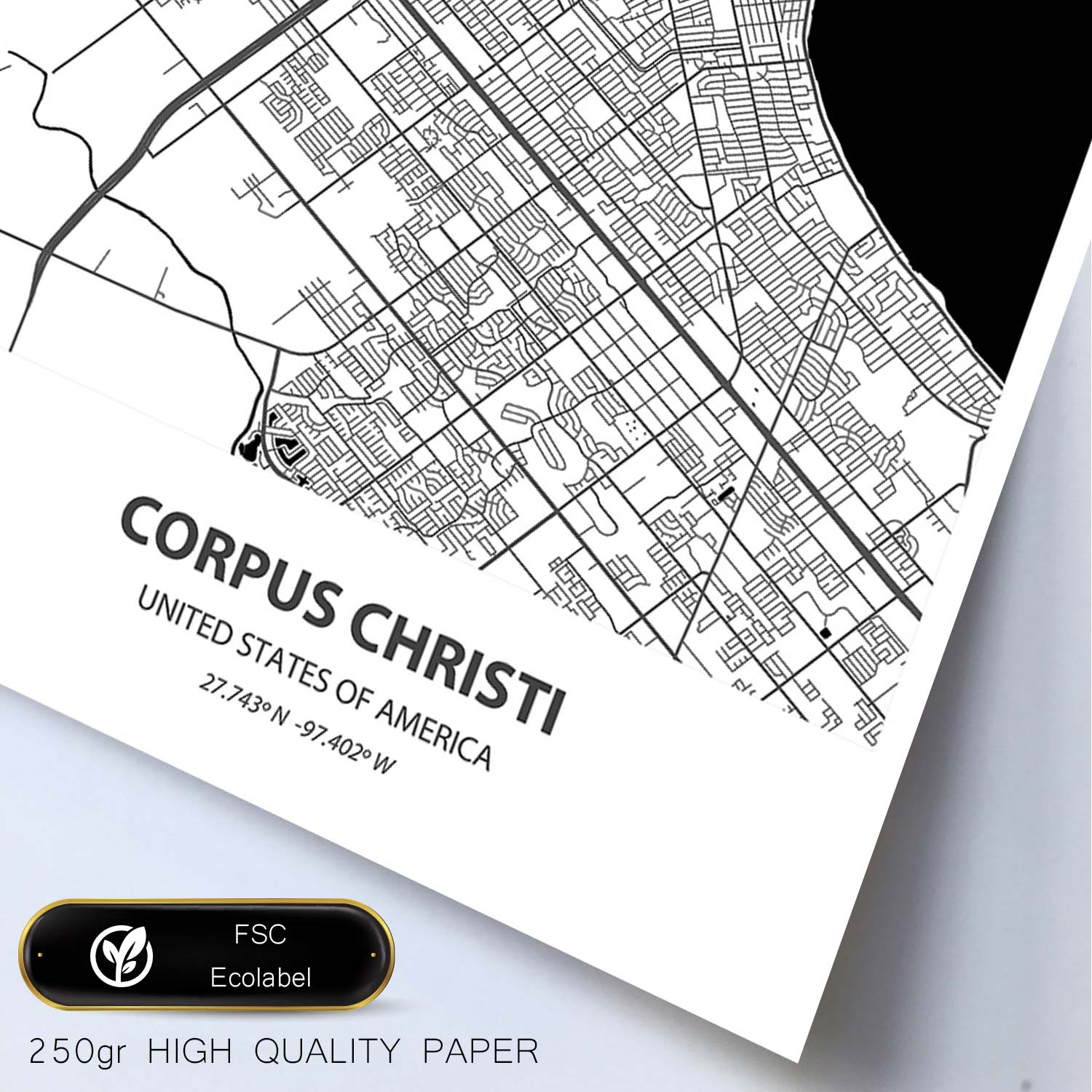 Poster con mapa de Corpus Christi - USA. Láminas de ciudades de Estados Unidos con mares y ríos en color negro.-Artwork-Nacnic-Nacnic Estudio SL