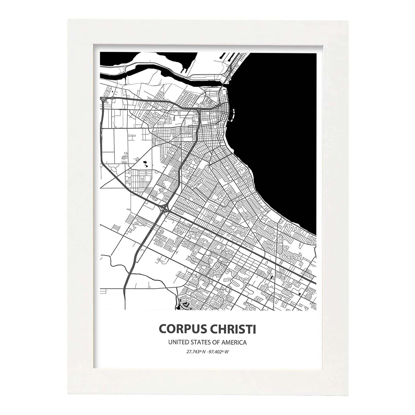 Poster con mapa de Corpus Christi - USA. Láminas de ciudades de Estados Unidos con mares y ríos en color negro.-Artwork-Nacnic-A3-Marco Blanco-Nacnic Estudio SL