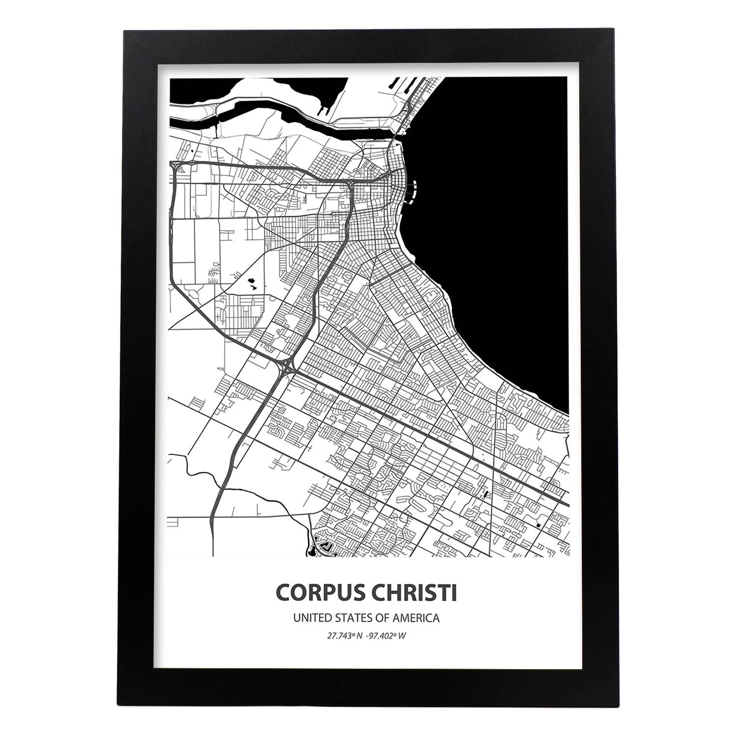 Poster con mapa de Corpus Christi - USA. Láminas de ciudades de Estados Unidos con mares y ríos en color negro.-Artwork-Nacnic-A3-Marco Negro-Nacnic Estudio SL