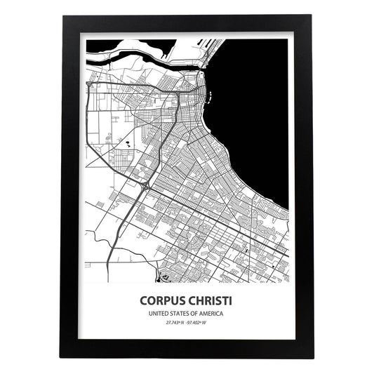 Poster con mapa de Corpus Christi - USA. Láminas de ciudades de Estados Unidos con mares y ríos en color negro.-Artwork-Nacnic-A4-Marco Negro-Nacnic Estudio SL