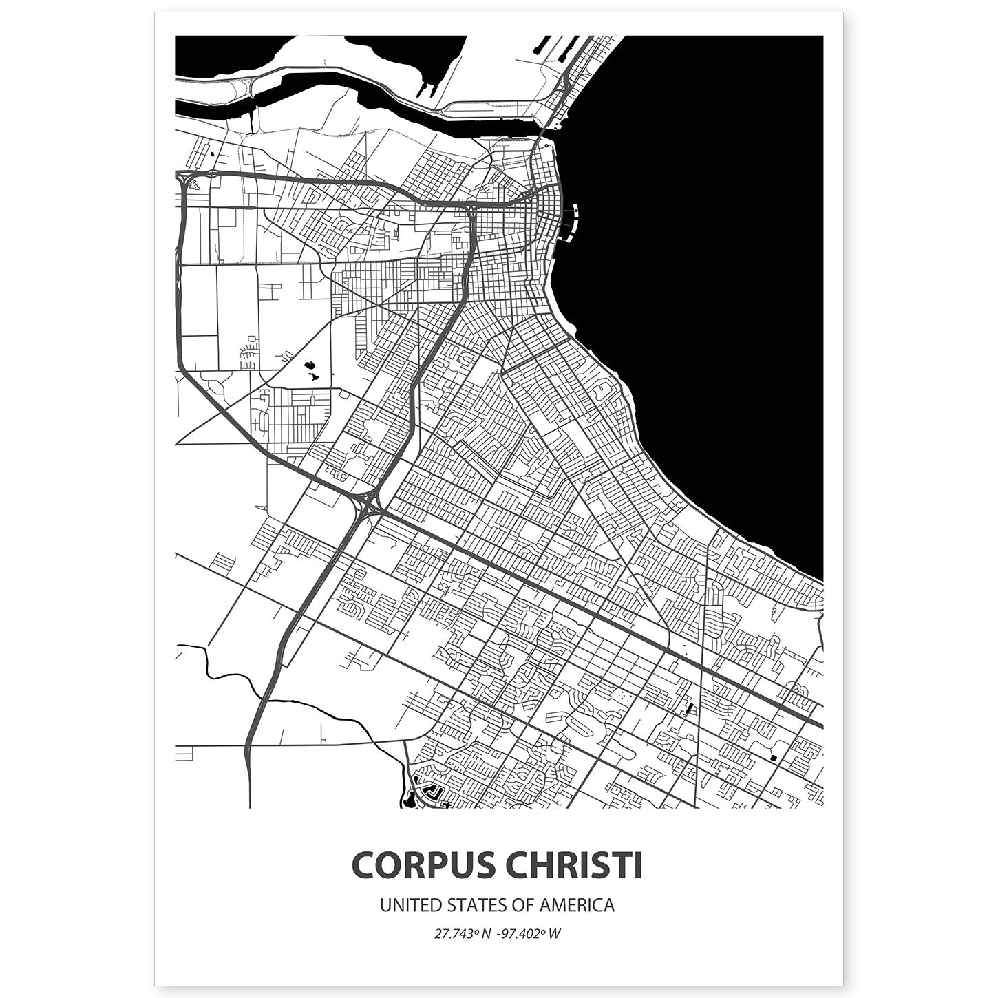 Poster con mapa de Corpus Christi - USA. Láminas de ciudades de Estados Unidos con mares y ríos en color negro.-Artwork-Nacnic-A4-Sin marco-Nacnic Estudio SL