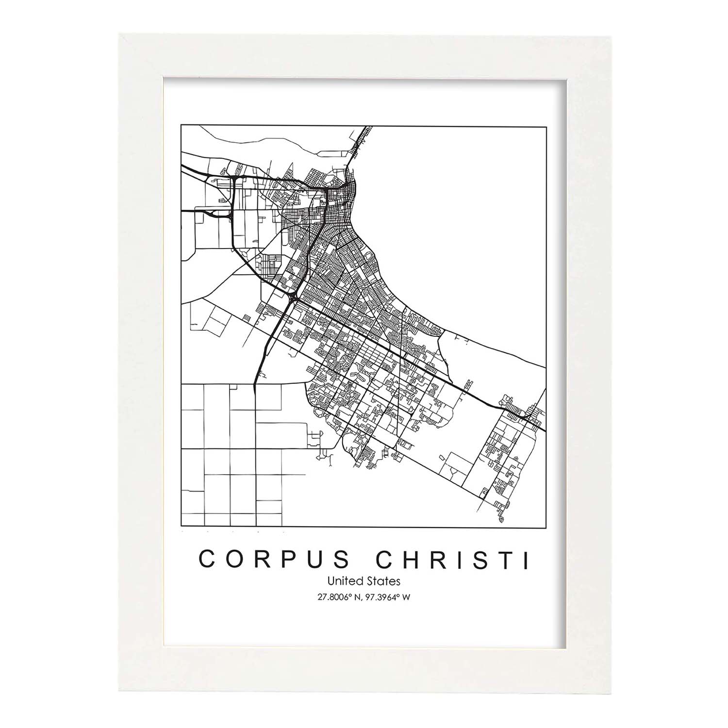 Poster con mapa de Corpus Christi. Lámina de Estados Unidos, con imágenes de mapas y carreteras-Artwork-Nacnic-A3-Marco Blanco-Nacnic Estudio SL