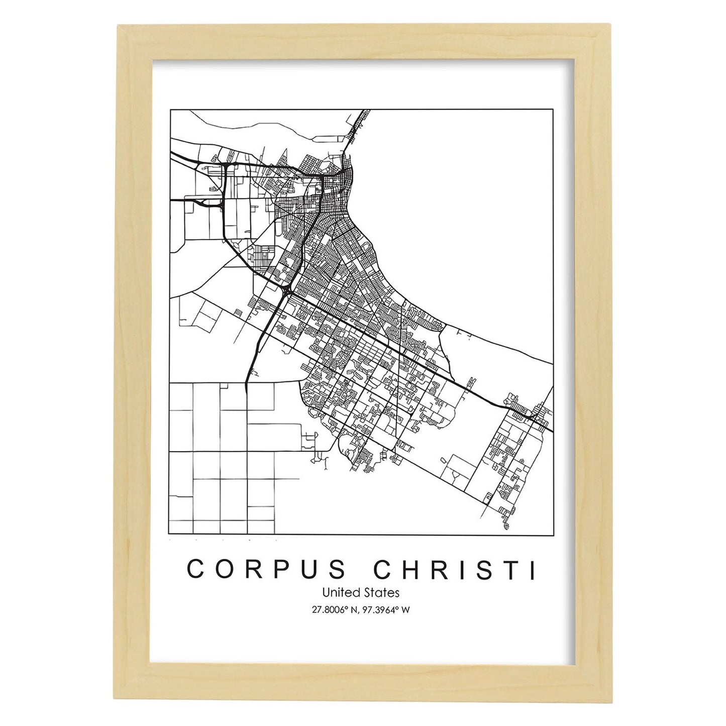 Poster con mapa de Corpus Christi. Lámina de Estados Unidos, con imágenes de mapas y carreteras-Artwork-Nacnic-A3-Marco Madera clara-Nacnic Estudio SL