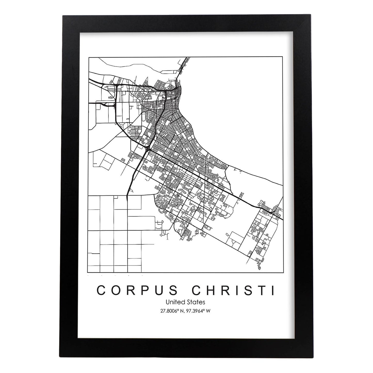 Poster con mapa de Corpus Christi. Lámina de Estados Unidos, con imágenes de mapas y carreteras-Artwork-Nacnic-A3-Marco Negro-Nacnic Estudio SL