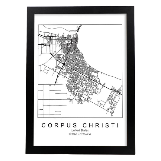 Poster con mapa de Corpus Christi. Lámina de Estados Unidos, con imágenes de mapas y carreteras-Artwork-Nacnic-A4-Marco Negro-Nacnic Estudio SL