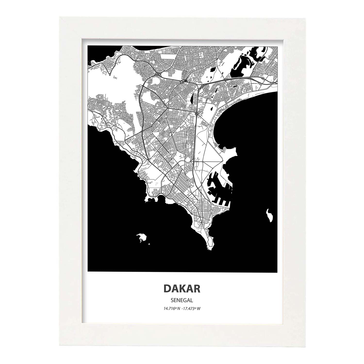 Poster con mapa de Dakar - Senegal. Láminas de ciudades de África con mares y ríos en color negro.-Artwork-Nacnic-A3-Marco Blanco-Nacnic Estudio SL
