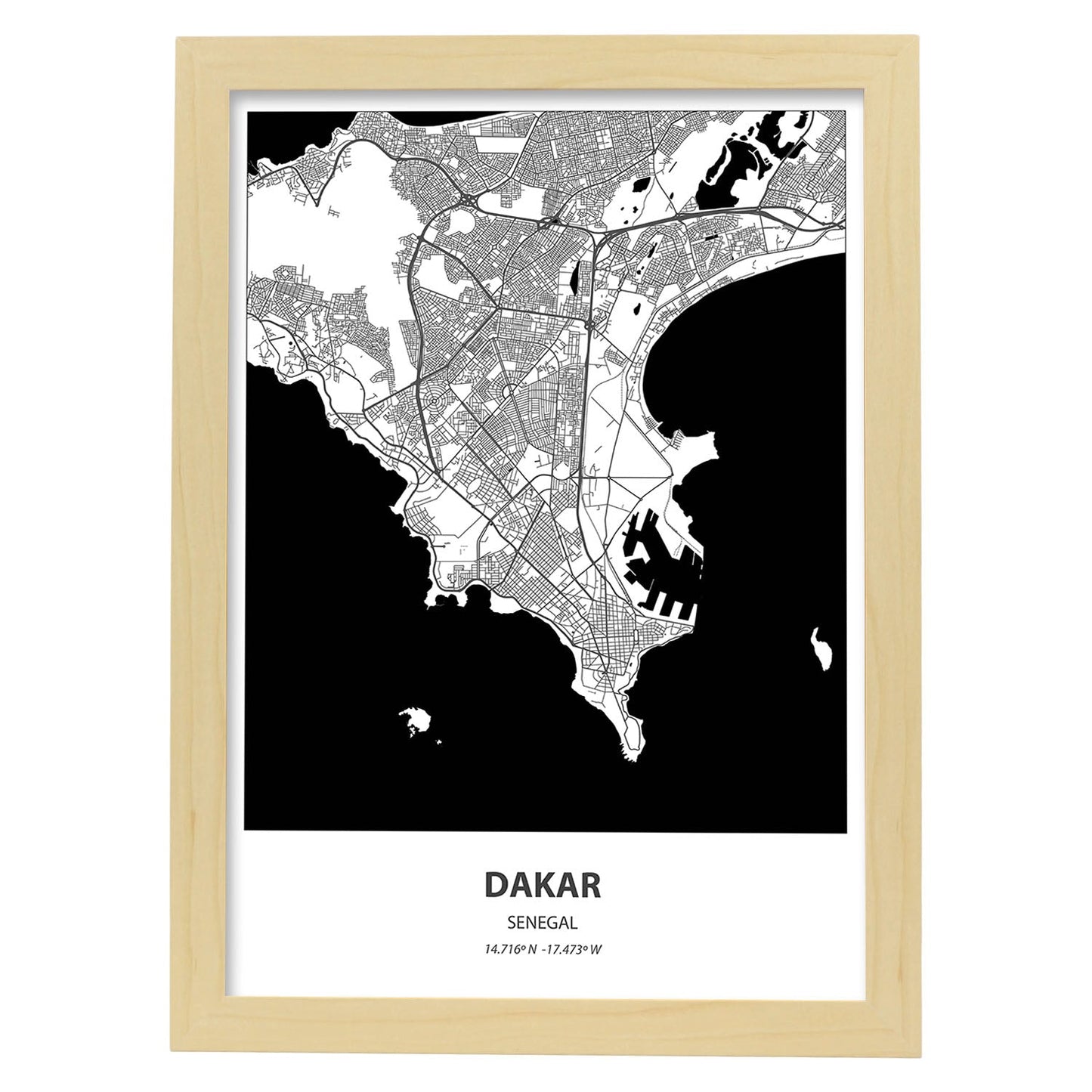 Poster con mapa de Dakar - Senegal. Láminas de ciudades de África con mares y ríos en color negro.-Artwork-Nacnic-A3-Marco Madera clara-Nacnic Estudio SL