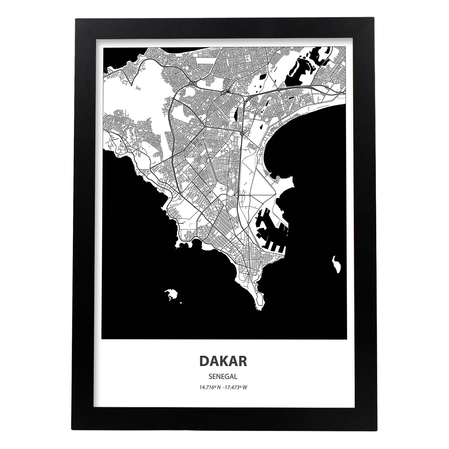 Poster con mapa de Dakar - Senegal. Láminas de ciudades de África con mares y ríos en color negro.-Artwork-Nacnic-A3-Marco Negro-Nacnic Estudio SL