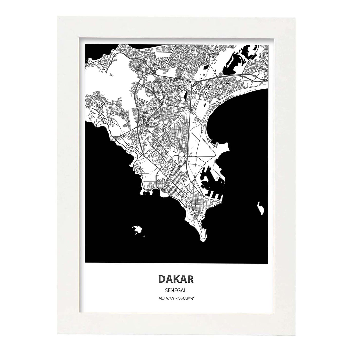 Poster con mapa de Dakar - Senegal. Láminas de ciudades de África con mares y ríos en color negro.-Artwork-Nacnic-A4-Marco Blanco-Nacnic Estudio SL