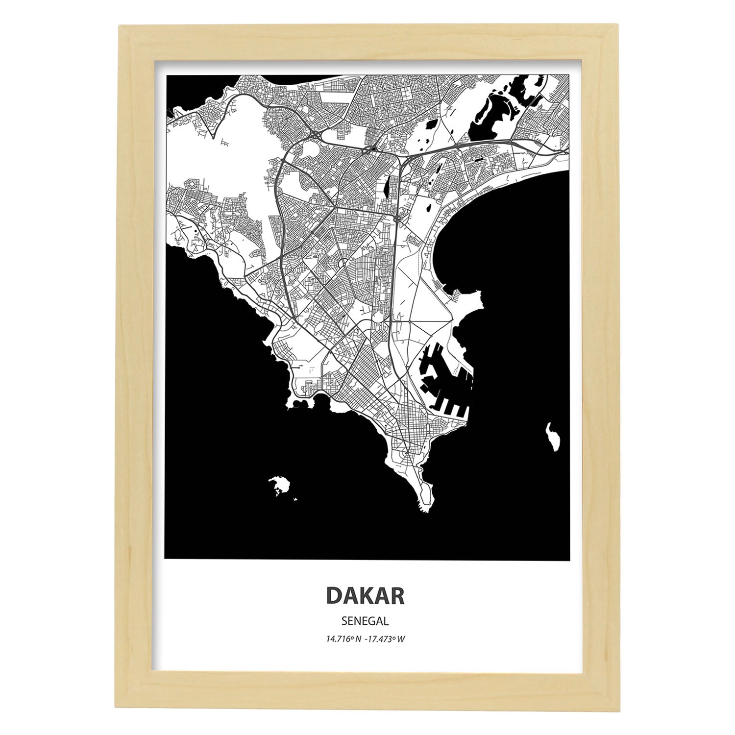 Poster con mapa de Dakar - Senegal. Láminas de ciudades de África con mares y ríos en color negro.-Artwork-Nacnic-A4-Marco Madera clara-Nacnic Estudio SL
