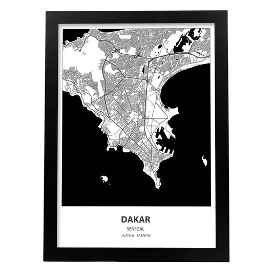 Poster con mapa de Dakar - Senegal. Láminas de ciudades de África con mares y ríos en color negro.-Artwork-Nacnic-A4-Marco Negro-Nacnic Estudio SL