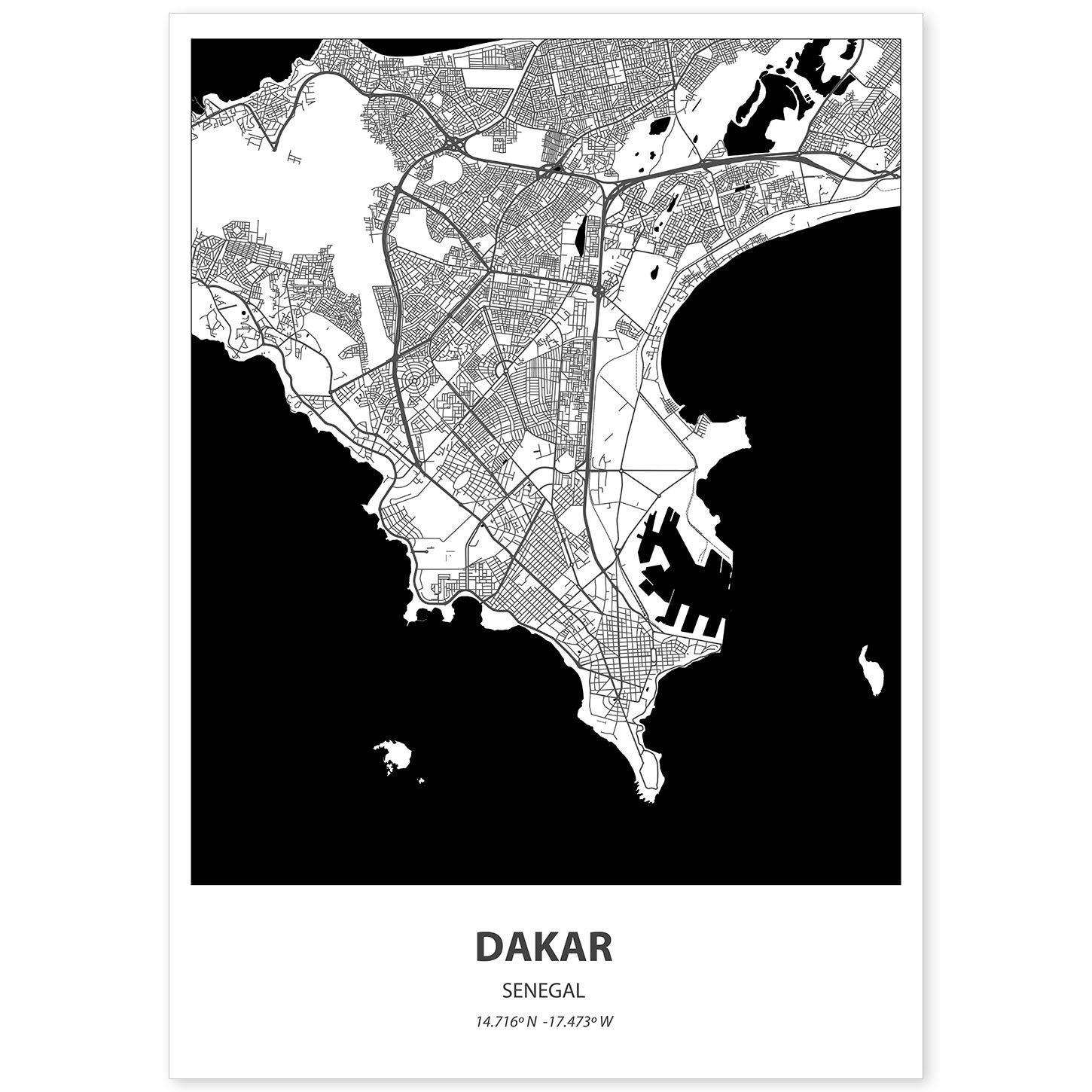 Poster con mapa de Dakar - Senegal. Láminas de ciudades de África con mares y ríos en color negro.-Artwork-Nacnic-A4-Sin marco-Nacnic Estudio SL