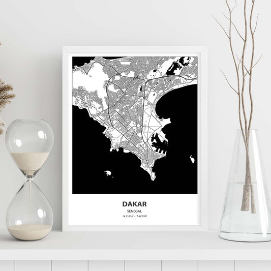 Poster con mapa de Dakar - Senegal. Láminas de ciudades de África con mares y ríos en color negro.-Artwork-Nacnic-Nacnic Estudio SL