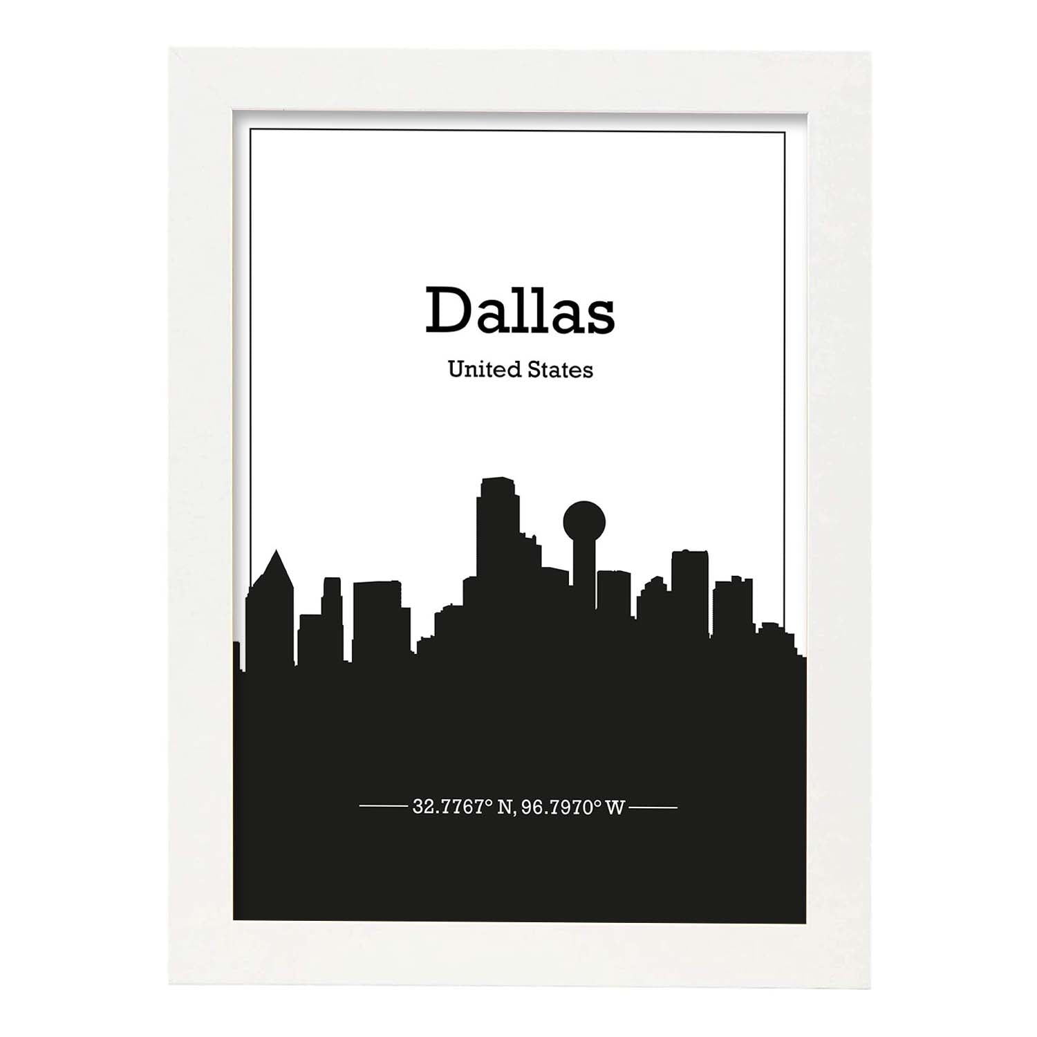 Poster con mapa de Dallas - USA. Láminas con Skyline de ciudades de Estados Unidos, Canada, Mexico con sombra negra.-Artwork-Nacnic-A3-Marco Blanco-Nacnic Estudio SL
