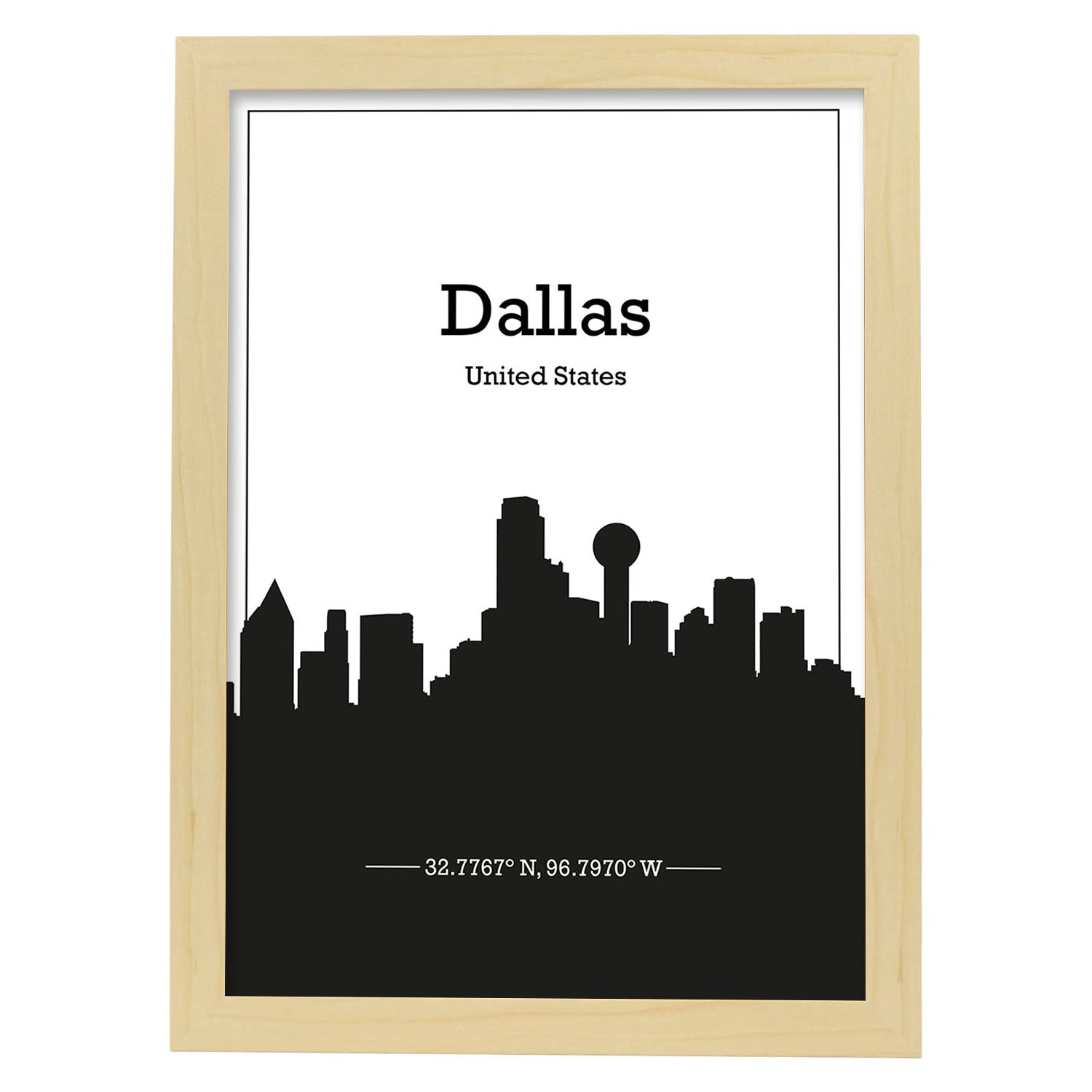 Poster con mapa de Dallas - USA. Láminas con Skyline de ciudades de Estados Unidos, Canada, Mexico con sombra negra.-Artwork-Nacnic-A3-Marco Madera clara-Nacnic Estudio SL