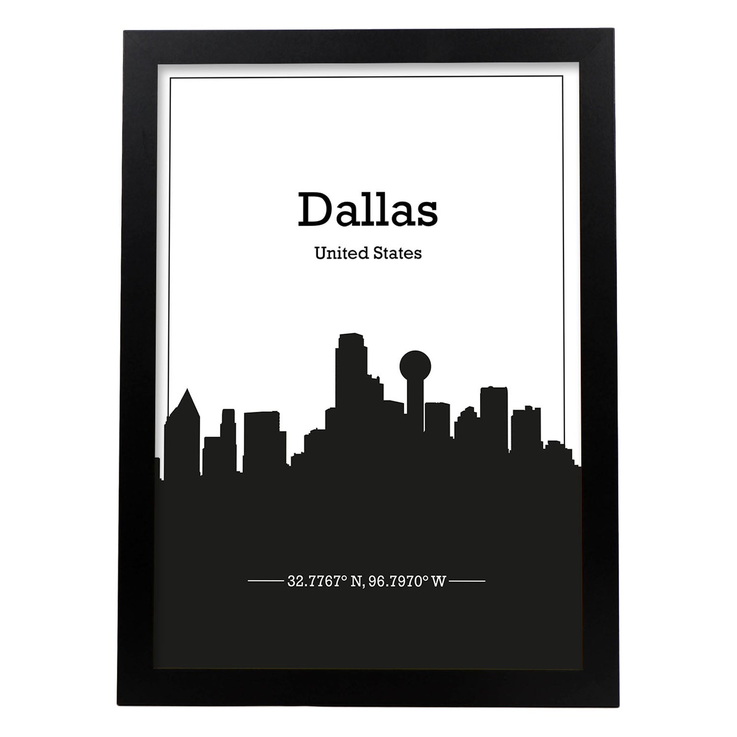 Poster con mapa de Dallas - USA. Láminas con Skyline de ciudades de Estados Unidos, Canada, Mexico con sombra negra.-Artwork-Nacnic-A3-Marco Negro-Nacnic Estudio SL