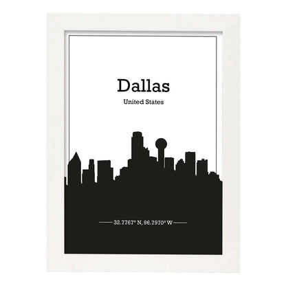 Poster con mapa de Dallas - USA. Láminas con Skyline de ciudades de Estados Unidos, Canada, Mexico con sombra negra.-Artwork-Nacnic-A4-Marco Blanco-Nacnic Estudio SL