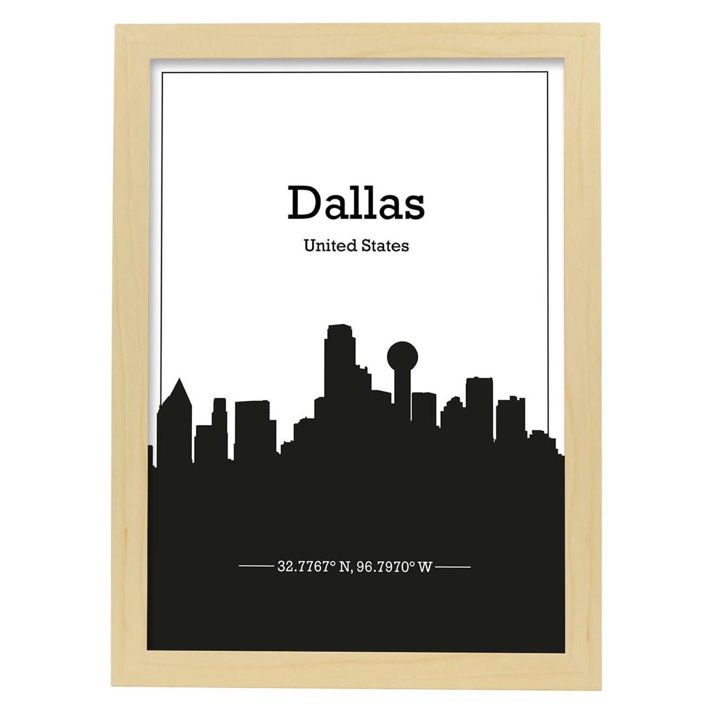 Poster con mapa de Dallas - USA. Láminas con Skyline de ciudades de Estados Unidos, Canada, Mexico con sombra negra.-Artwork-Nacnic-A4-Marco Madera clara-Nacnic Estudio SL