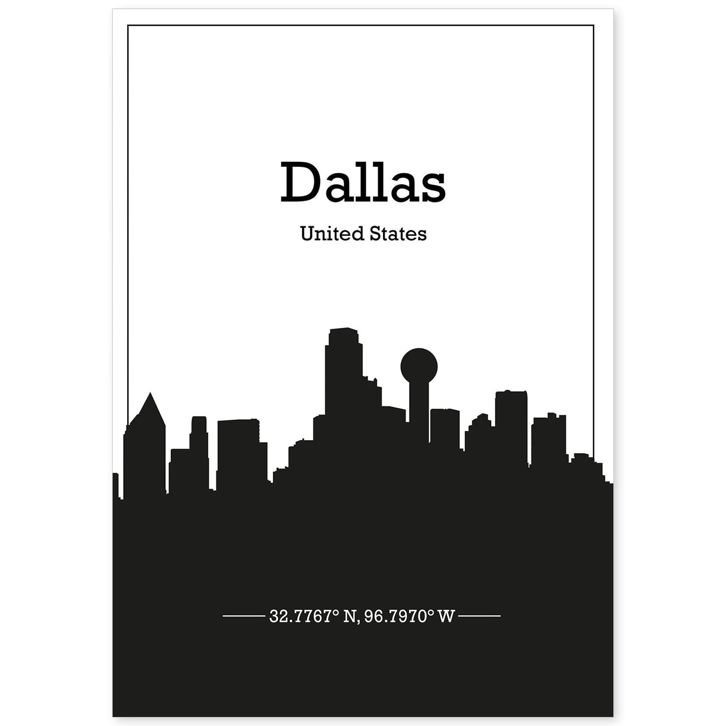 Poster con mapa de Dallas - USA. Láminas con Skyline de ciudades de Estados Unidos, Canada, Mexico con sombra negra.-Artwork-Nacnic-A4-Sin marco-Nacnic Estudio SL