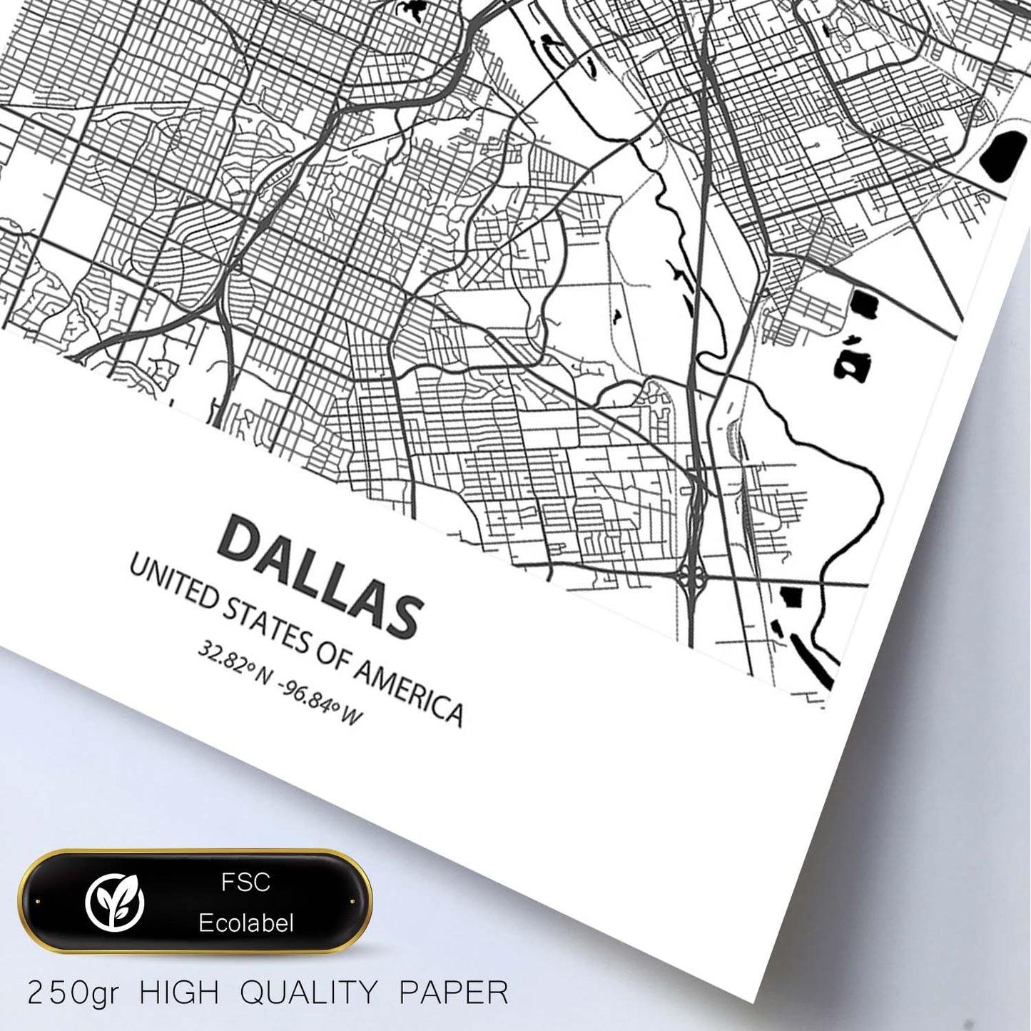 Poster con mapa de Dallas - USA. Láminas de ciudades de Estados Unidos con mares y ríos en color negro.-Artwork-Nacnic-Nacnic Estudio SL