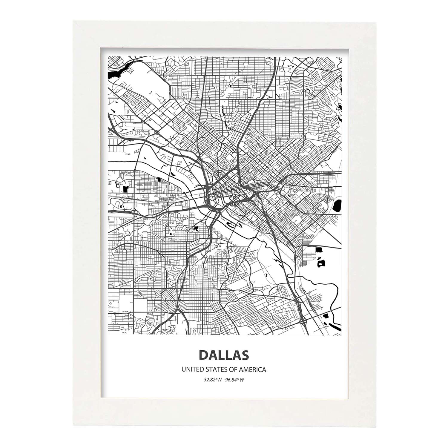 Poster con mapa de Dallas - USA. Láminas de ciudades de Estados Unidos con mares y ríos en color negro.-Artwork-Nacnic-A3-Marco Blanco-Nacnic Estudio SL